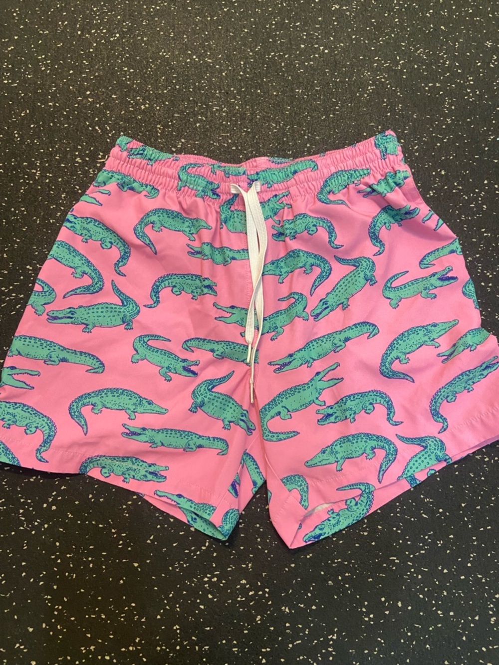 chubbies Pink Swim Trunks with Teal Alligator Print bathing suit